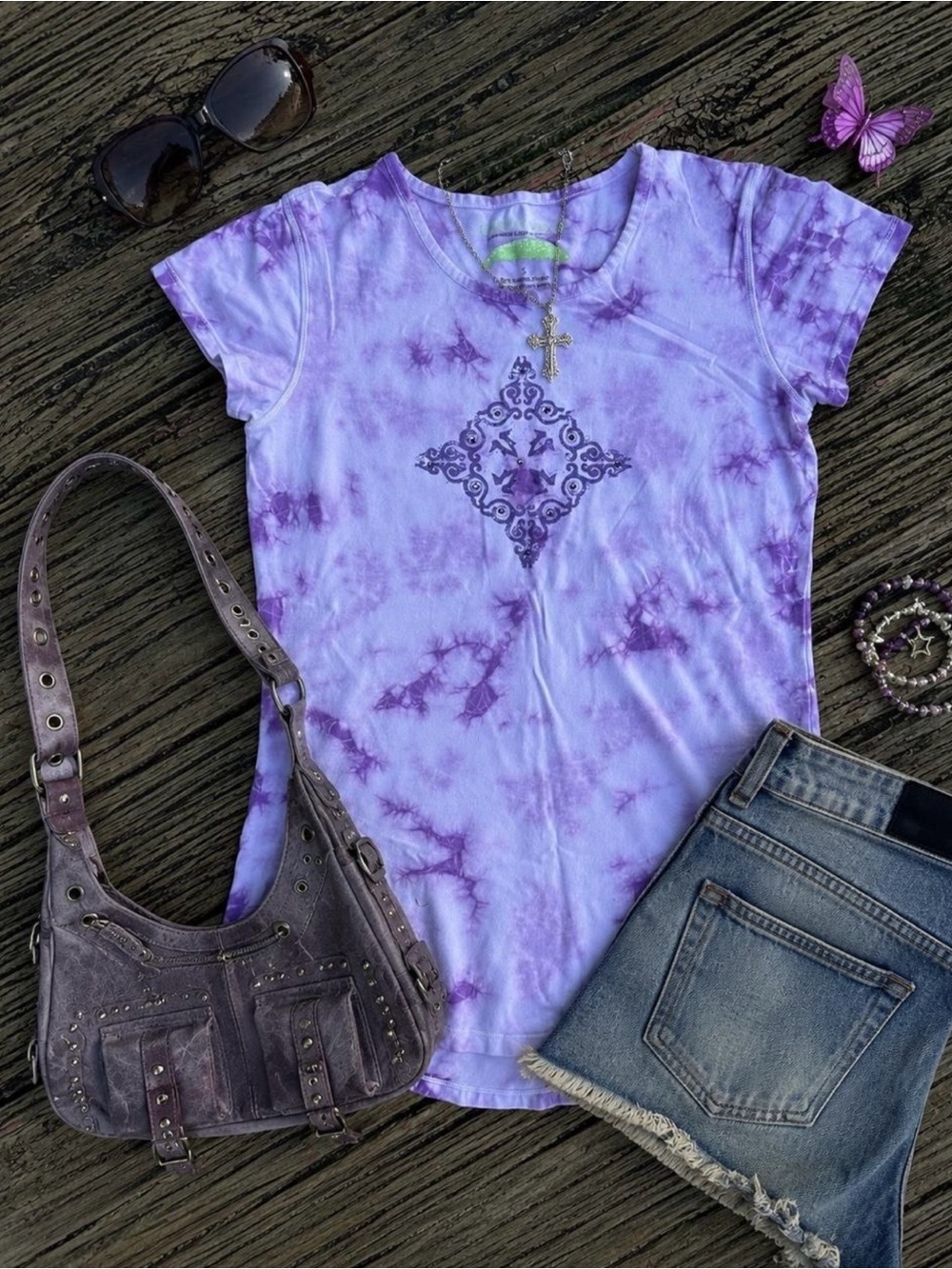 Y2K Purple Tie Dye Baby Tee Fairy Grunge Coquette Hippie Soft Girl top 2000s